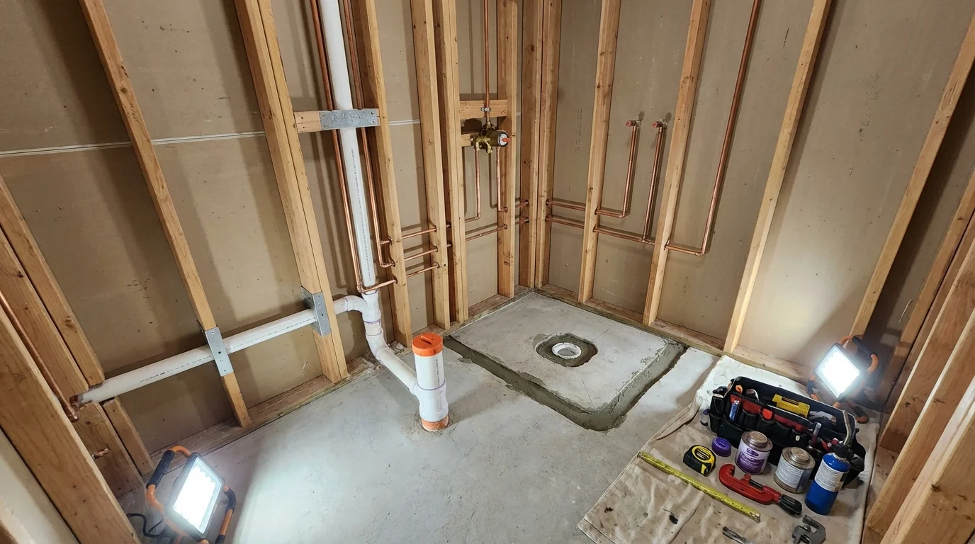 Bathroom rough-in plumbing during remodel by Johns Plumbing LLC in Lumber City
