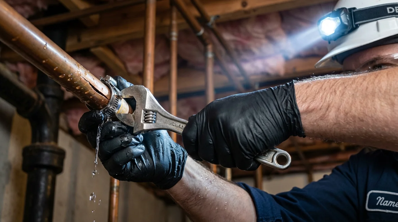 Emergency pipe clamp repair being performed by a Johns Plumbing LLC plumber in Lumber City