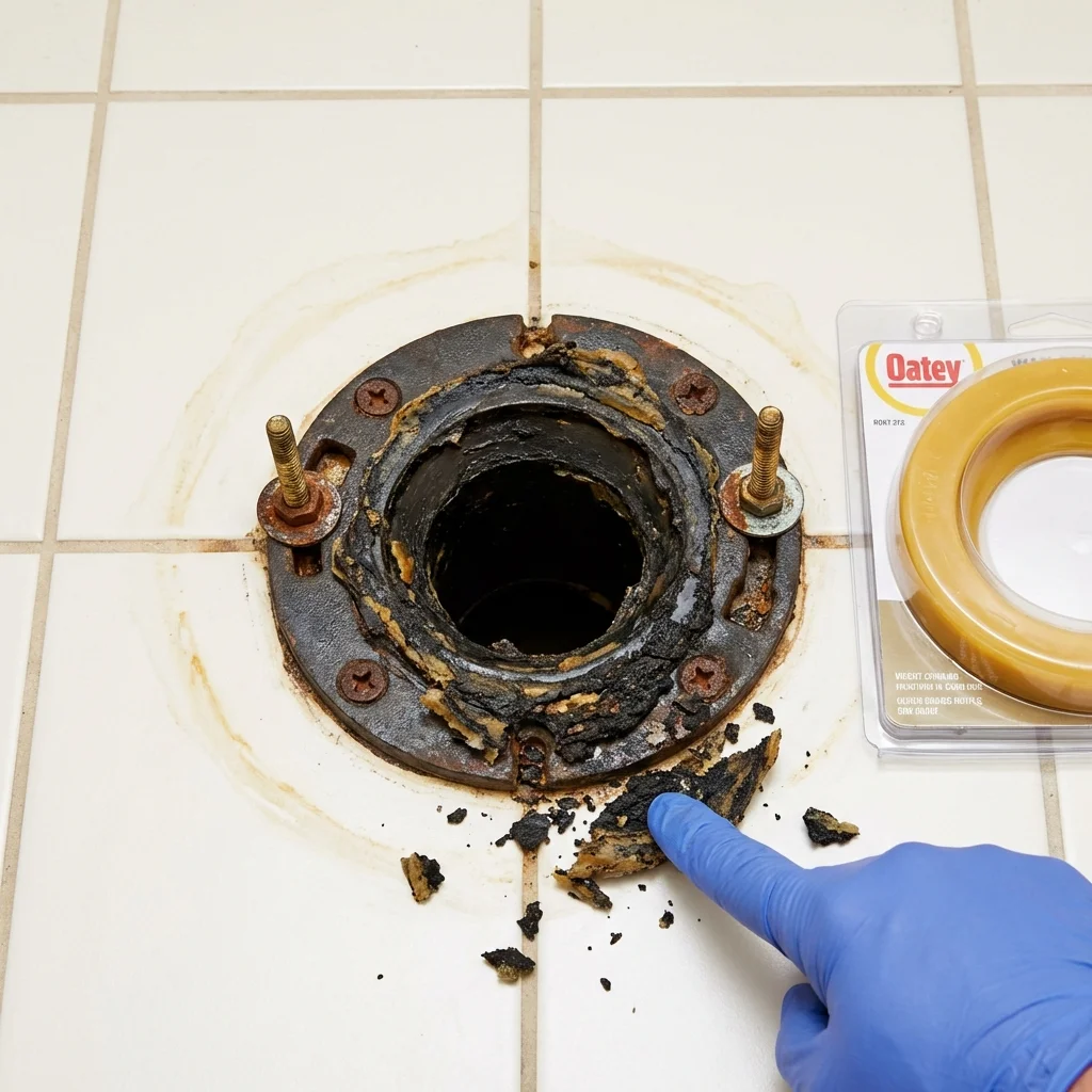 Failed wax ring showing water seepage at the base of a toilet in a Lumber City, GA home
