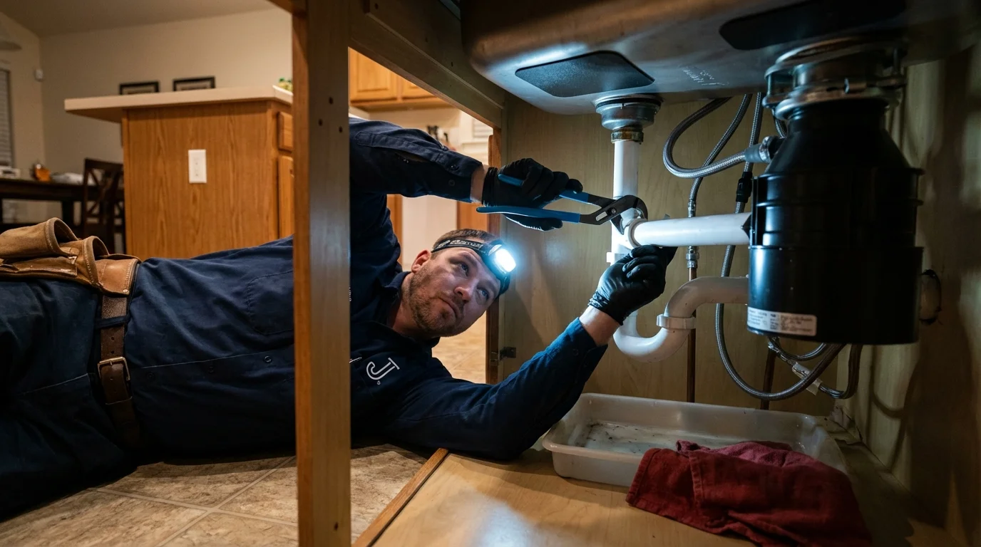 P-trap and supply line connections under a kitchen sink showing a common leak point in Lumber City, GA